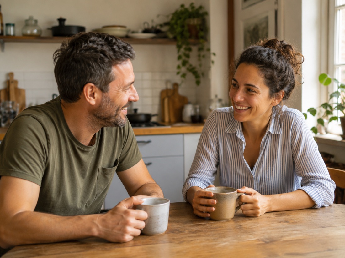 Two people sharing a warm, unhurried conversation over coffee at a kitchen table in soft daylight.