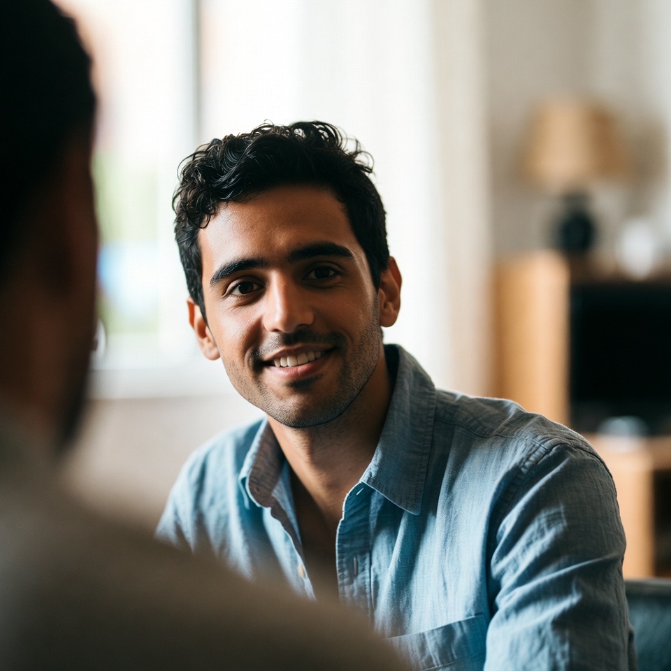 A warm, candid portrait of a friendly person mid-conversation, listening with genuine attention.