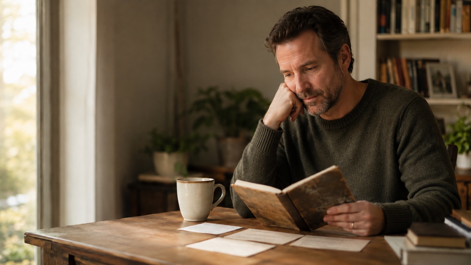 A fundraiser sitting at a desk by a window, looking thoughtfully at a worn notebook and handwritten cards.