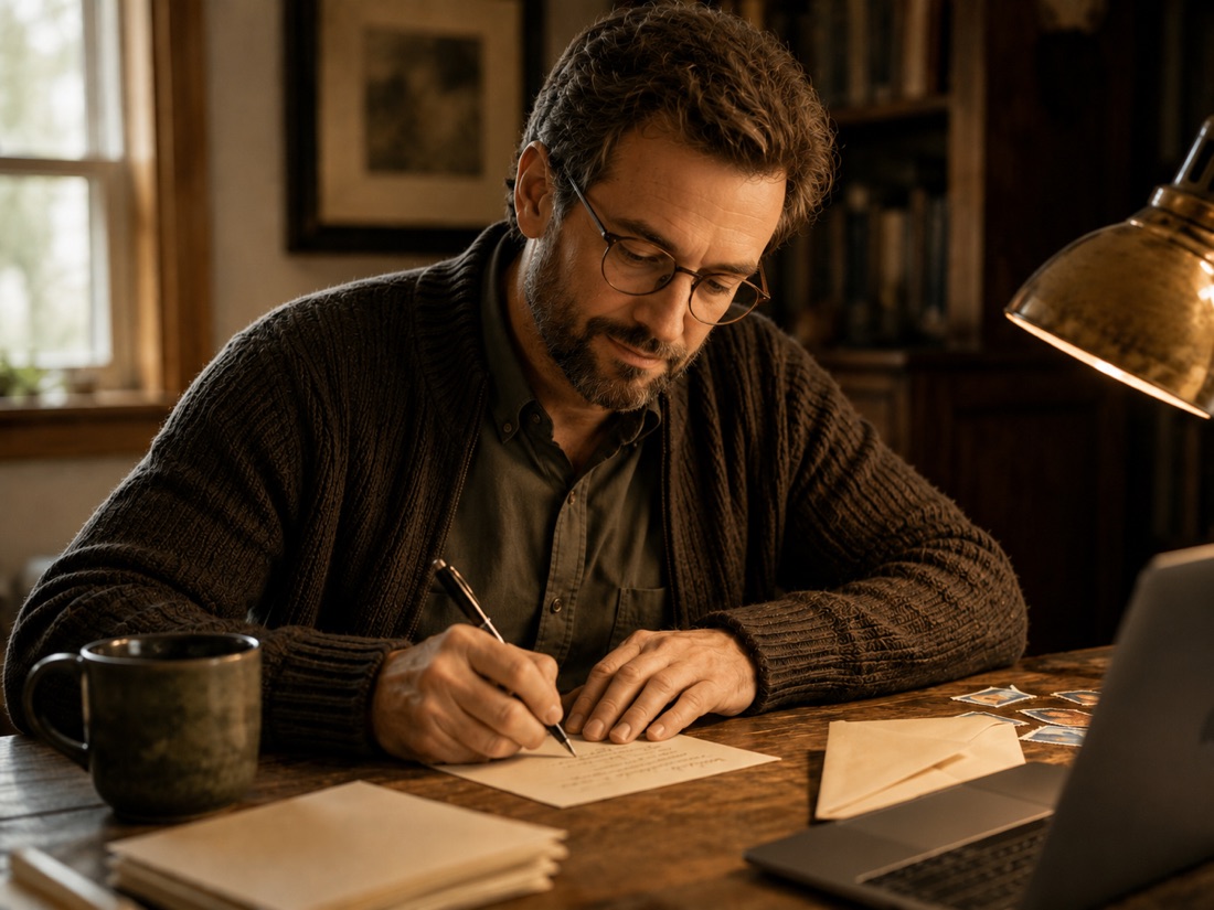 A seasoned fundraiser writing a heartfelt thank-you note by hand at a desk, warm lamp and window light.