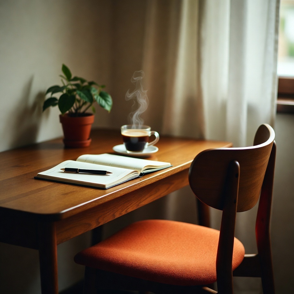 A warm still life on a wooden desk in morning light: an open planner, a pen, a cup of coffee, and a chair pulled up.