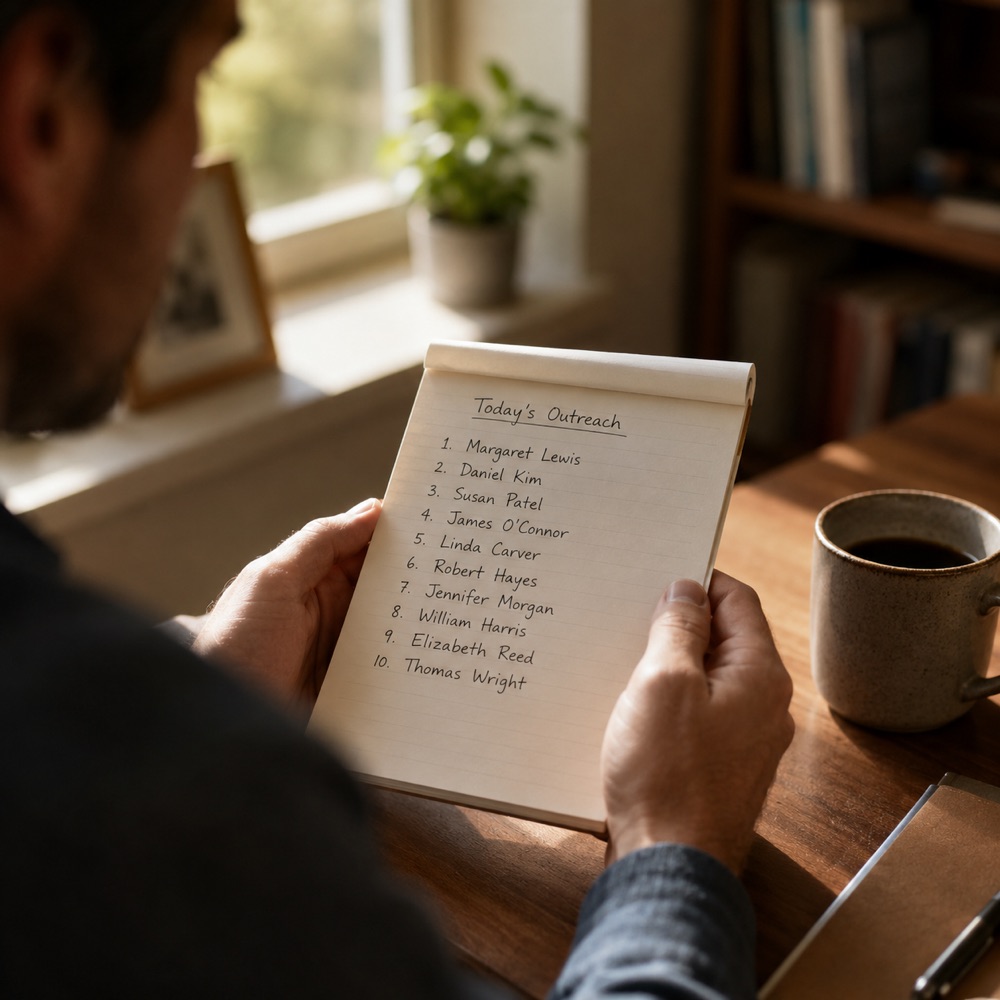 A fundraiser's hands holding a single handwritten list of names on a notepad, morning coffee beside it.