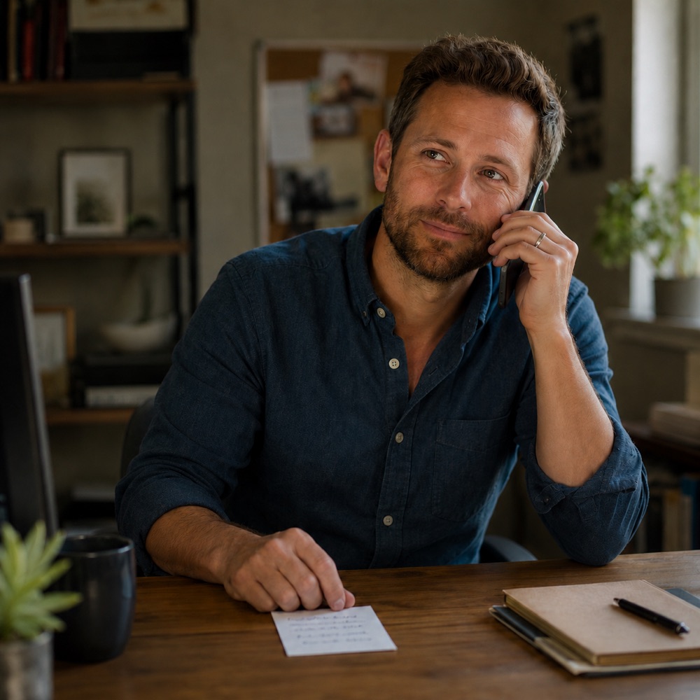 A fundraiser pausing to pick up the phone with a warm, attentive look, a handwritten reminder note on the desk.