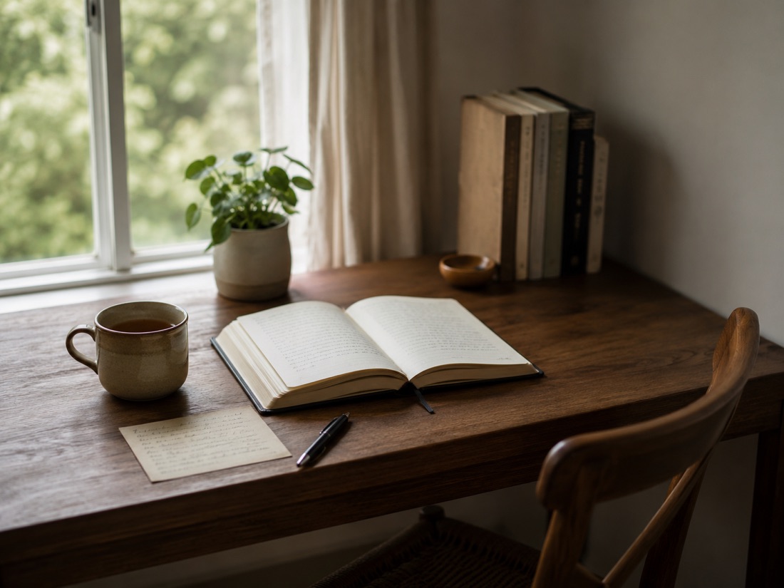A peaceful desk scene in soft natural light: an open notebook, a single handwritten note, a cup of tea, and a small plant.